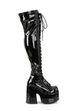 Black Stretch Patent Thigh-High Boots with Full-Length Outside Metal Zip